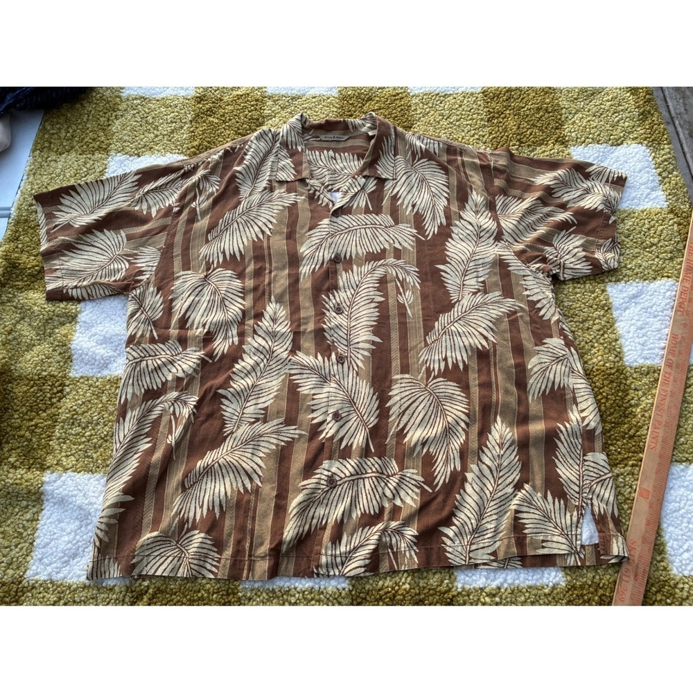 Tommy Bahama Mens XXL Silk Tencel Brown Tropical Leaf‎ Stripe Camp Shirt